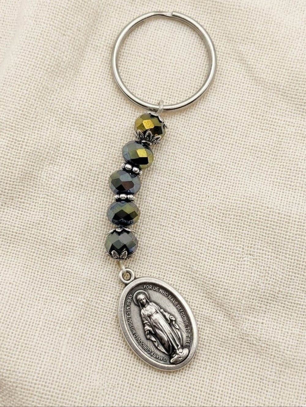 Faceted Iridescent Glass Crystal  Beaded Keyring with Religious Medal